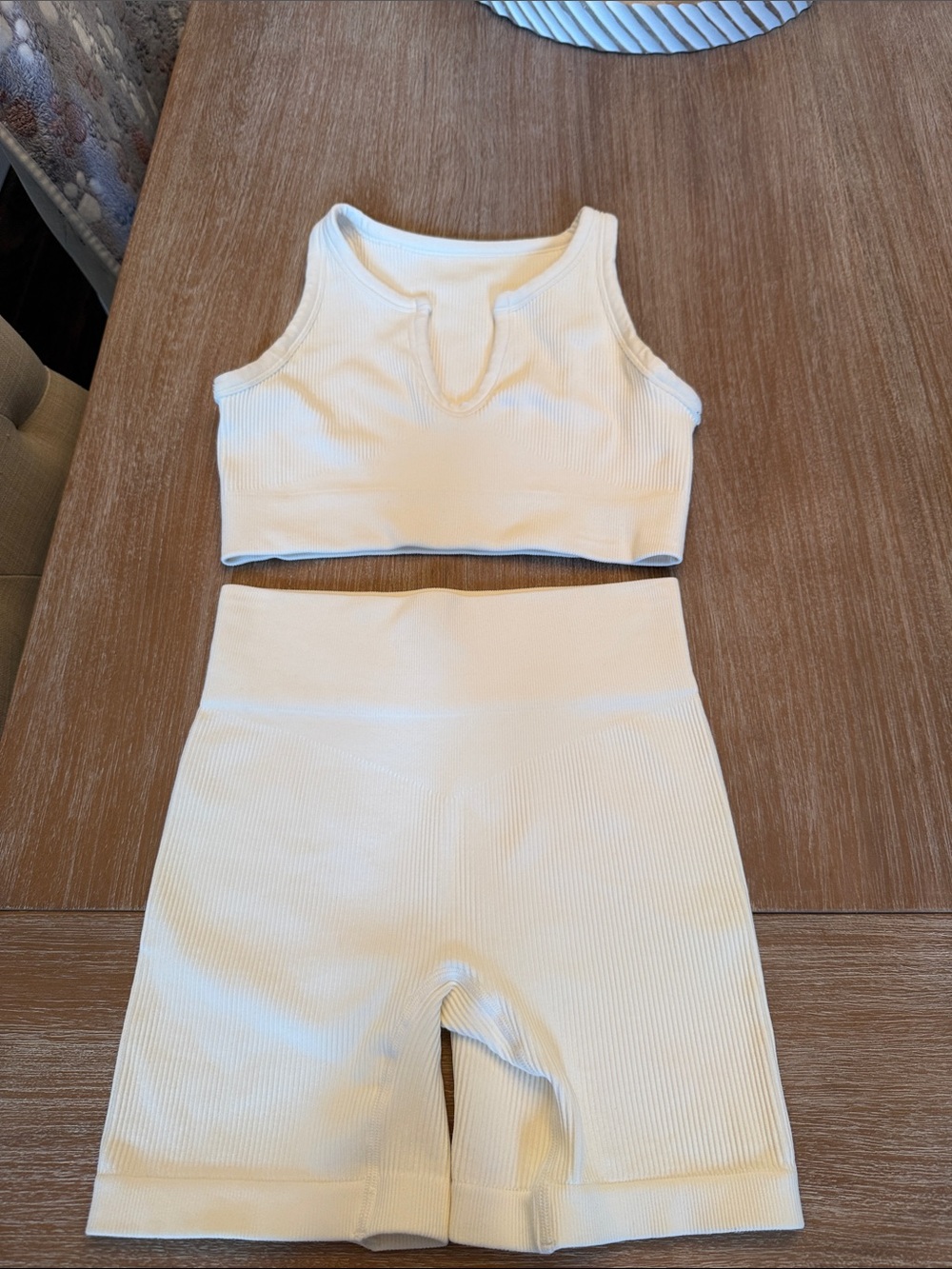 Amazon White Ribbed Crop Tank and High-Waist Bike Shorts Set. Size small.
